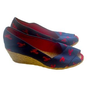 Lauren Ralph Lauren Navy Espadrille Peep Toe Wedge With Red Lobsters